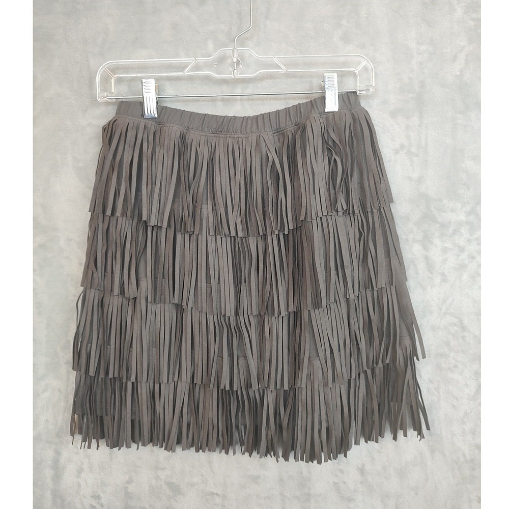 Rock & Roll Denim Womens Gray Tiered Fringe Faux Suede Mini Skirt M‎  NWT